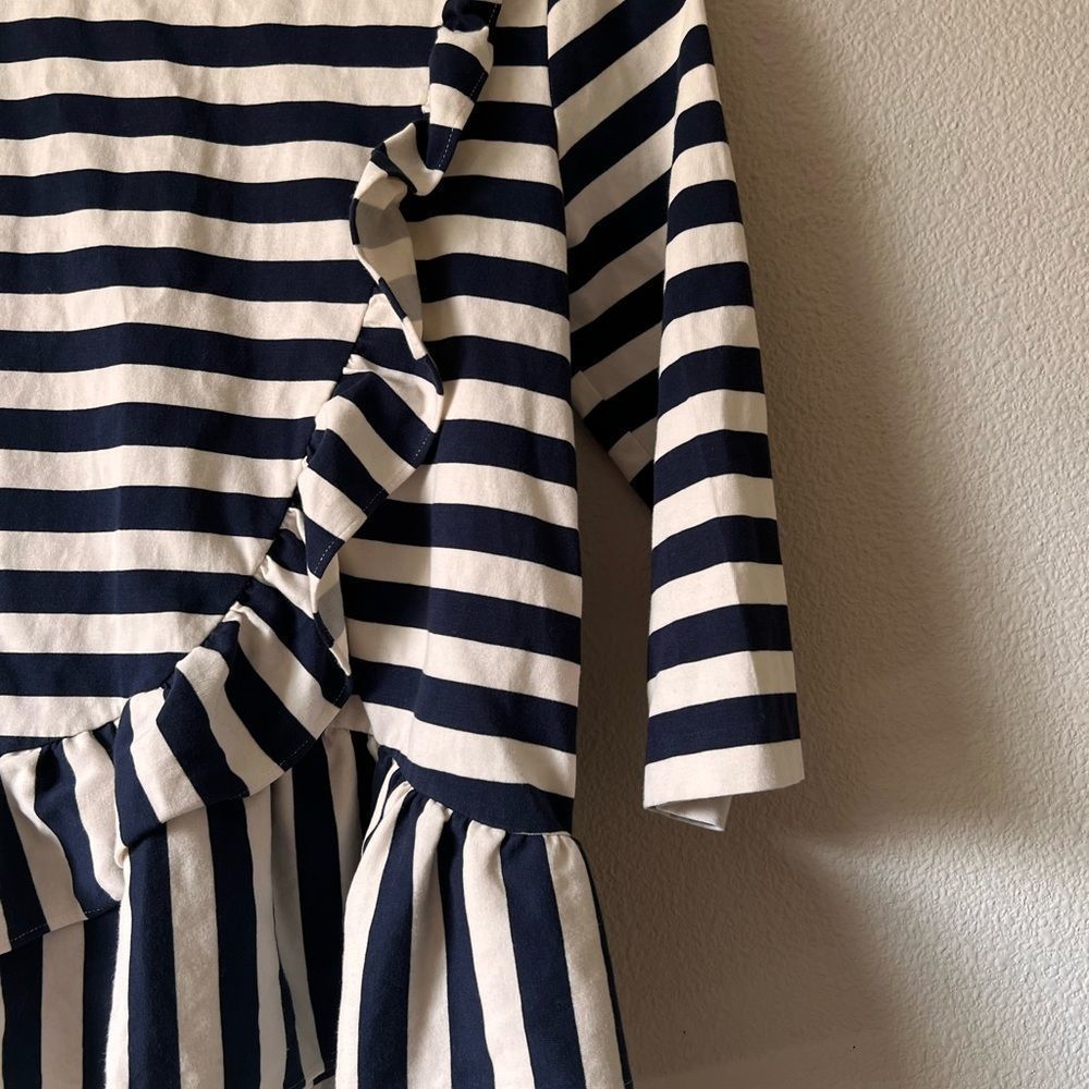 J. Crew 3/4 Sleeve Coastal Chic Stripe Ruffle Front Peplum Navy/White Top Size M - Picture 2 of 6